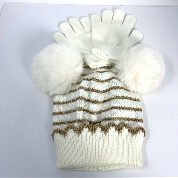 OMG Pom Pom beanie stiped faux fur with gloves - Picture 3 of 6